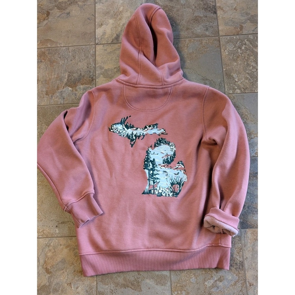 Carhartt Women's Medium relaxed pink hoodie Michigan graphic sweatshirt soft!